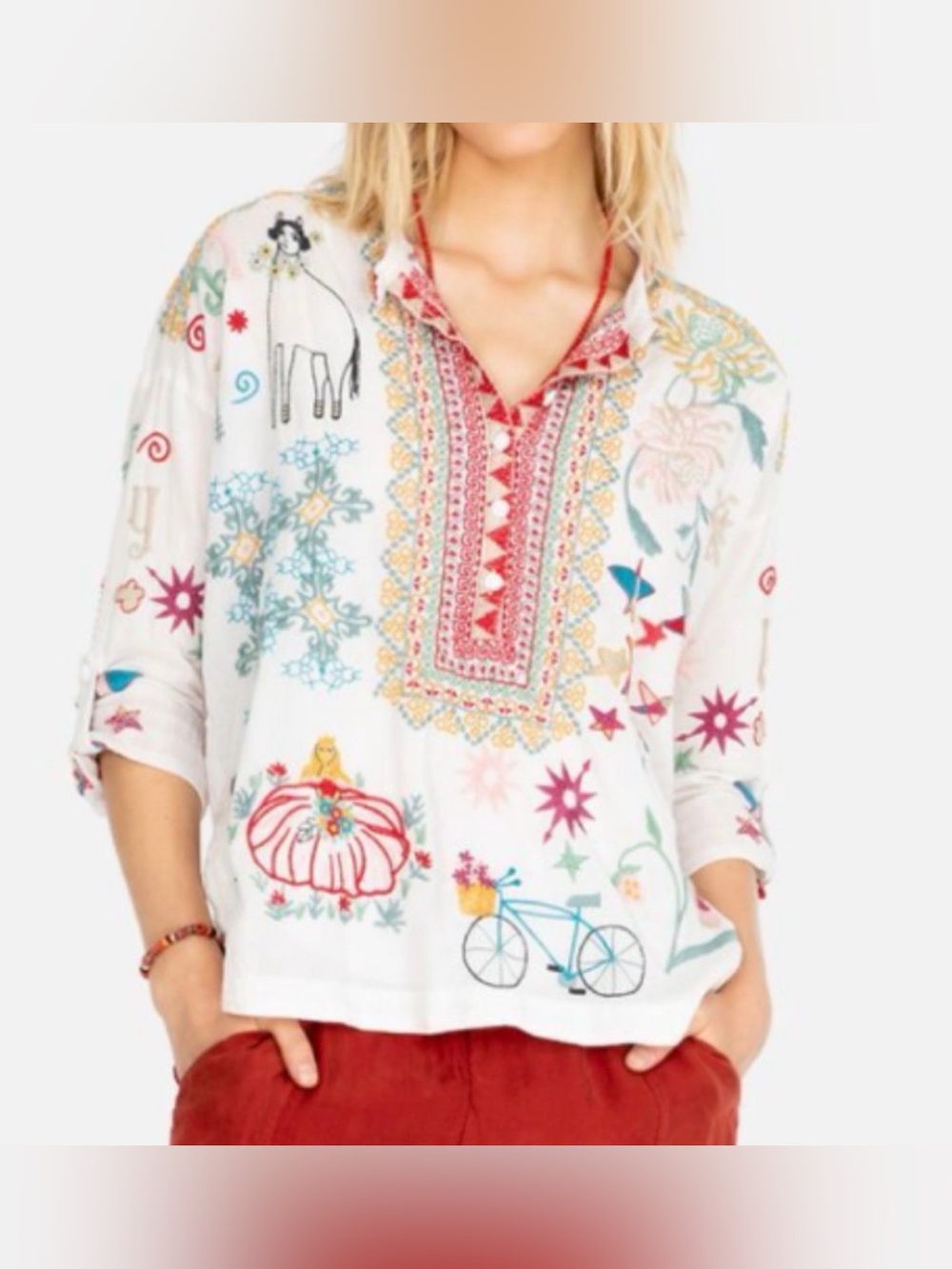 Biya Johnny Was Mishti Storybook Embroidered Blouse White Artsy Size XL/XXL
